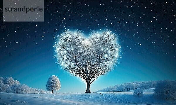 Ein Baum mit leuchtender Herzform  umgeben von Schnee unter einer sternenklaren Winternacht AI erzeugt  KI generiert