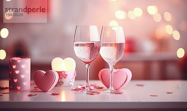 Kerzenlicht verleiht Weingläsern und Herzdekor ein warmes Ambiente für ein romantisches Abendessen AI erzeugt  KI generiert