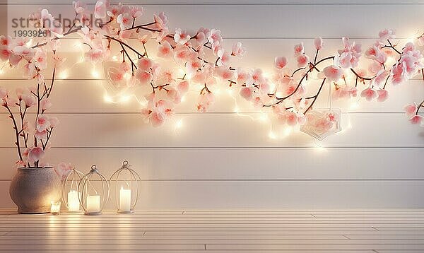 Herzförmiges Kirschblütenarrangement mit gemütlicher Beleuchtung und einer schönen Atmosphäre AI erzeugt  KI generiert