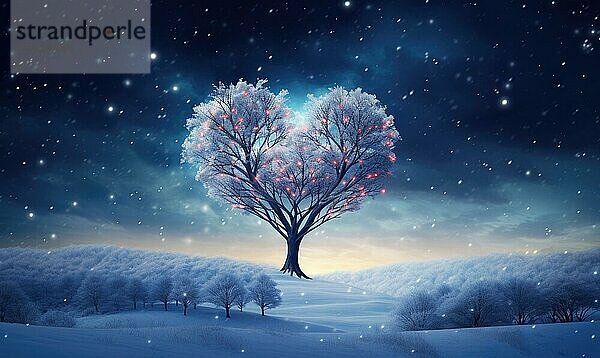 Winterbaum mit herzförmigen rosa Lichtern bei Nacht  die eine romantische Atmosphäre schaffen AI erzeugt  KI generiert