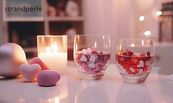 Dekorative rosa Herzen und Kerzen auf einem weißen Tisch mit einer romantischen Atmosphäre AI erzeugt  KI generiert