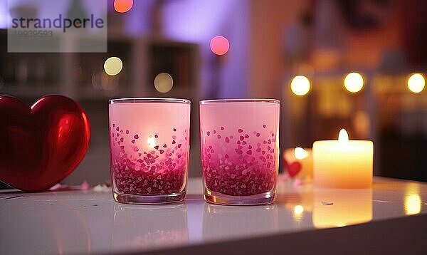 Warmes Ambiente mit herzförmigen Kerzen in einem romantischen Rahmen und Bokeh Lichtern AI erzeugt  KI generiert
