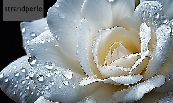 Nahaufnahme einer makellosen weißen Rose mit Tautropfen auf den Blütenblättern  die Gelassenheit und natürliche Eleganz ausstrahlt AI erzeugt  KI generiert