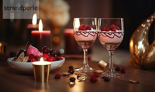 Elegantes Dessert Setup mit Mousse au Chocolat und Himbeeren in Weingläsern  Kerzenlicht Ambiente AI erzeugt  KI generiert