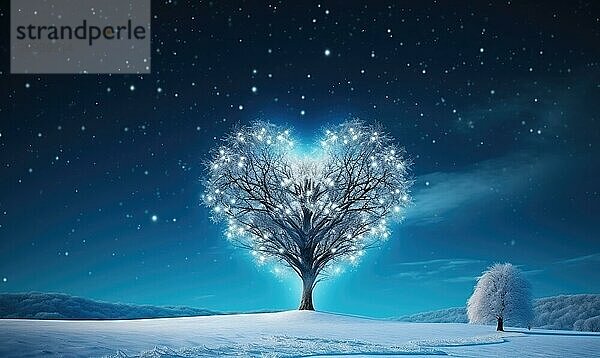 Ein schneebedeckter Baum bei Nacht mit einem herzförmigen Licht  unter einem majestätischen Himmel AI erzeugt  KI generiert