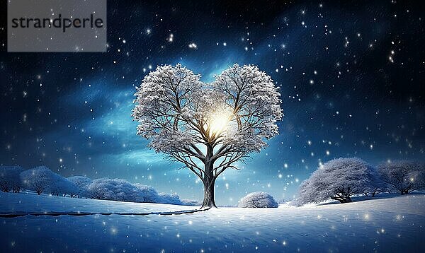 Schneebedeckter Baum mit Herz Illumination steht gegen einen Winter Sonnenaufgang AI generiert  KI generiert