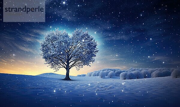 Einsamer Baum in einer Winterlandschaft unter dem Sternenhimmel  der Ruhe ausstrahlt AI erzeugt  KI generiert