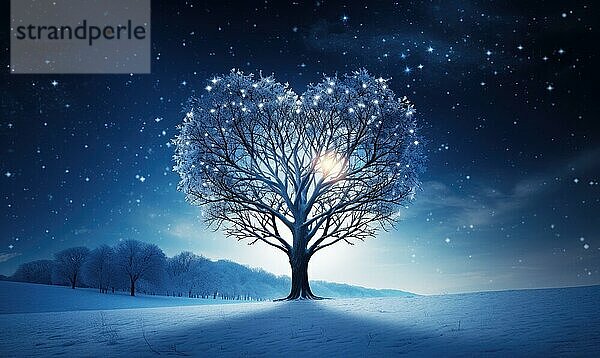 Ein einsamer Baum in einer verschneiten Landschaft bei Nacht unter einem sternenübersäten Himmel AI generiert  KI generiert