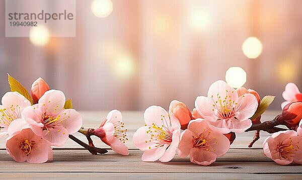 Soft rosa Kirschblüten gegen eine warme Bokeh Licht auf hölzernen Hintergrund AI generiert  KI generiert