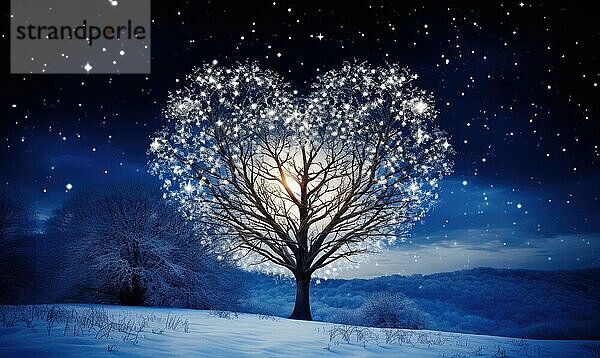 Eine ruhige Nachtszene mit einem schneebedeckten Baum und einem Herz  das inmitten der Sterne leuchtet  erzeugt AI  KI generiert