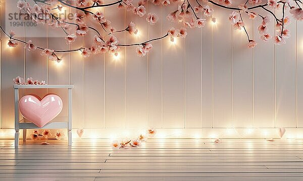 Ein herzförmiger Kirschblütenkranz sorgt für eine sanfte  romantische Stimmung mit sanfter Beleuchtung AI erzeugt  KI generiert