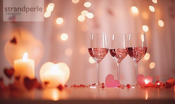 Zwei Weingläser in einer romantischen Atmosphäre mit Kerzen und sanfter Beleuchtung AI erzeugt  KI generiert