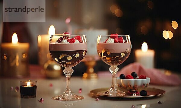 Romantische Dessert Arrangements in Weingläsern mit Beeren auf einem goldenen Tablett  ergänzt durch Kerzenlicht AI erzeugt  KI generiert