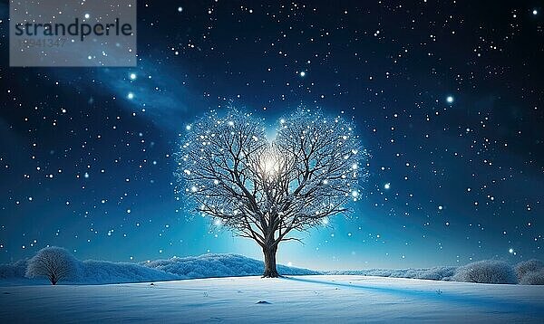 Ein Baum im Schnee während einer friedlichen Winternacht unter einem Sternenhimmel AI generiert  KI generiert