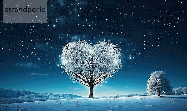 Verschneite Landschaft bei Nacht mit einem Baum  der ein Herz bildet  geschmückt mit Sternen AI erzeugt  KI generiert