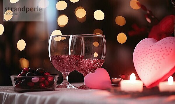 Intime und romantische Szene mit Herzen  Wein und Kerzenlicht AI generiert  KI generiert