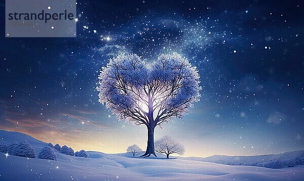 Schneebedeckter Baum in Form eines Herzens vor einem winterlichen Nachthimmel voller Sterne AI erzeugt  KI generiert