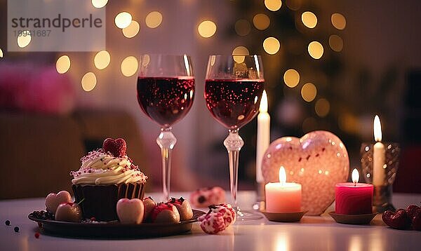 Rotwein und ein Schokoladencupcake bilden eine romantische Kulisse mit Herzornamenten und Kerzen  die AI erzeugt  KI generiert