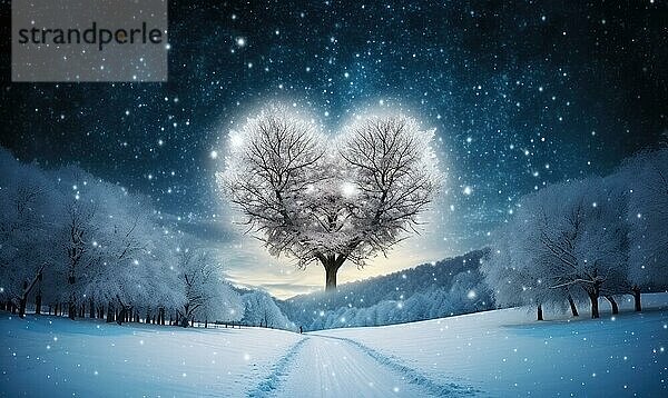 Herzförmiger Baum am Ende einer verschneiten Straße in einer sternenübersäten Winternacht AI erzeugt  KI generiert
