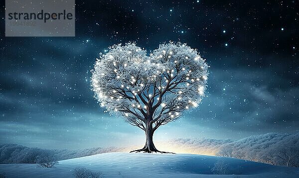 Ein Baum mit herzförmiger Beleuchtung steht auf verschneitem Terrain unter einem AI generierten Sternenhimmel  KI generiert