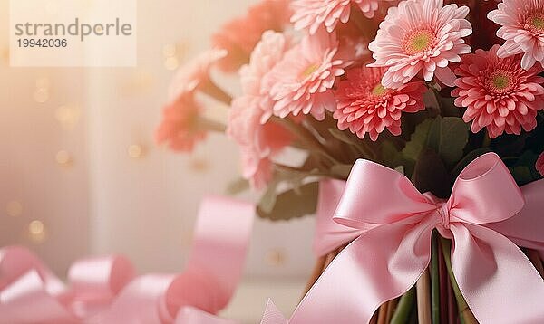 Ein mit einem Band gebundener Strauß rosa Gänseblümchen vor einem warmen Bokehhintergrund AI erzeugt  KI generiert