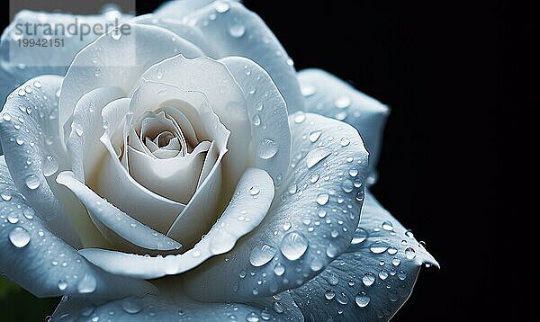 Nahaufnahme einer frischen weißen Rose mit Tautropfen  die Liebe und Eleganz vermittelt AI erzeugt  KI generiert