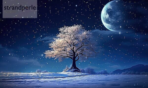 Ein einsamer Baum steht auf einem schneebedeckten Hügel unter einem geheimnisvollen Mondhimmel AI erzeugt  KI generiert