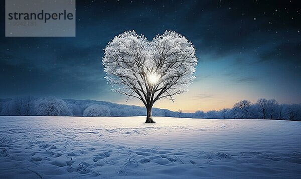 Eine heitere Winternachtsszene mit einem einsamen schneebedeckten Baum unter den Sternen AI generiert  KI generiert