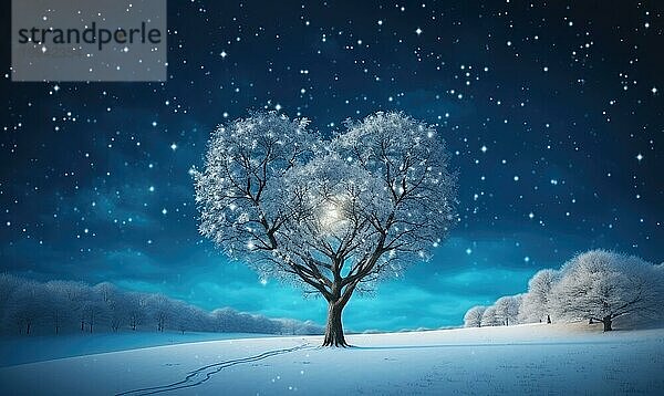 Beleuchteter herzförmiger Baum in einer nächtlichen Winterlandschaft  der die Liebe symbolisiert und AI erzeugt  KI generiert
