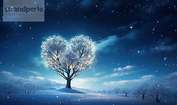 Eine heitere Schneelandschaft bei Nacht mit einem einzelnen beleuchteten Baum unter einem Sternenhimmel AI generiert  KI generiert