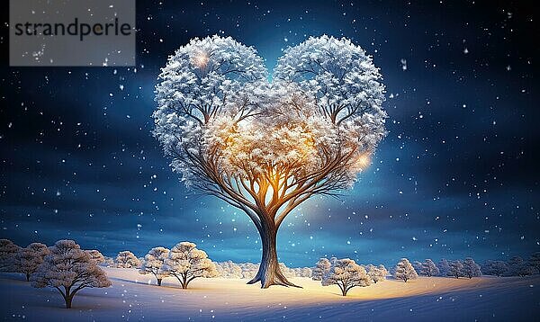 Ein schneebedeckter Baum mit einem leuchtenden Herzlicht  das in der Winternacht AI erzeugt wurde  KI generiert