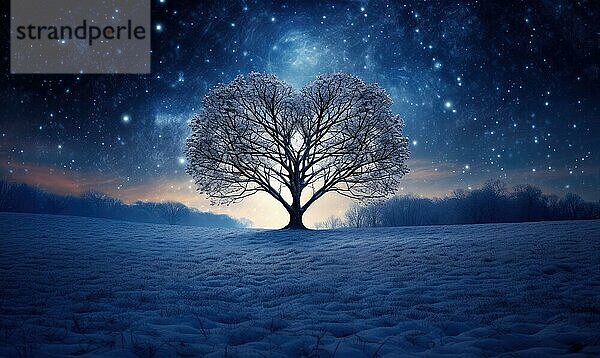 Ein einzelner Baum im Schnee in der Abenddämmerung  mit einem ruhigen Dämmerungshimmel AI erzeugt  KI generiert