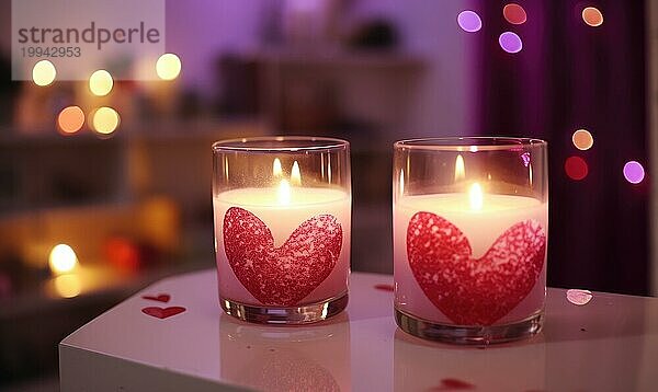 Ein romantisch gedeckter Tisch mit Wein  Rosen und Kerzen in einer warmen  einladenden Atmosphäre AI erzeugt  KI generiert