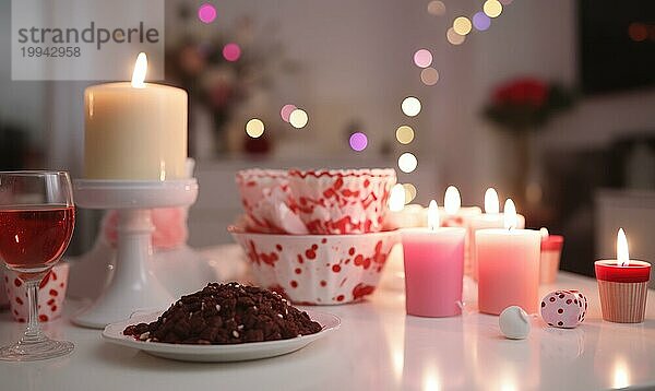 Romantisches Abendessen unter dem Motto Herz mit Schokoladendessert und gemütlichem Kerzenlicht AI erzeugt  KI generiert