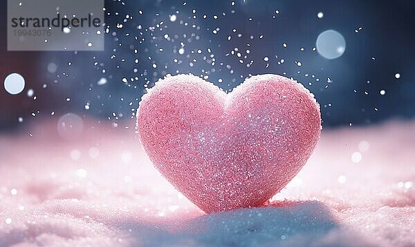 Ein Herz leuchtet mit Glitter und umgeben von rosa Schneeflocken vor einem Bokeh Hintergrund AI generiert  KI generiert