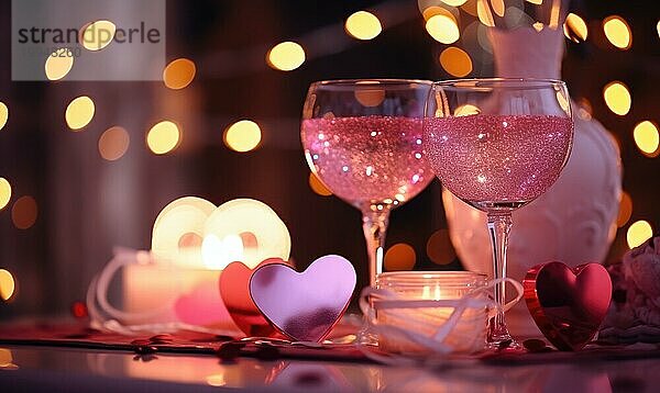Zwei Gläser mit prickelnder Flüssigkeit inmitten einer romantischen Dekoration mit warmem Kerzenlicht erzeugen AI  KI generiert
