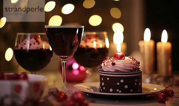 Ein köstliches Dessert  ein Glas Wein und ein herzförmiger Luftballon in einem romantischen Ambiente mit Kerzenlicht AI generiert  KI generiert