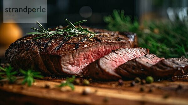 Gegrilltes Steak mit Rosmarin und Gewürzen auf einem Holzbrett AI erzeugt  KI generiert