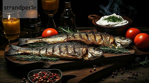 Gegrillter Fisch mit Kräutern und Gewürzen auf einem Holztisch. Selektiver Fokus AI erzeugt  KI generiert