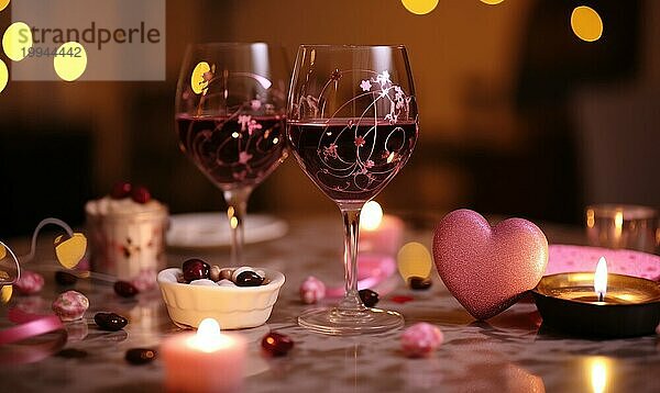 Rotwein in dekorierten Gläsern mit Herzornamenten und Kerzen  die eine romantische Stimmung erzeugen AI  KI generiert
