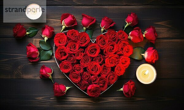 Herz aus Rosenblättern mit einer leuchtenden Kerze in romantischer Umgebung AI erzeugt  KI generiert