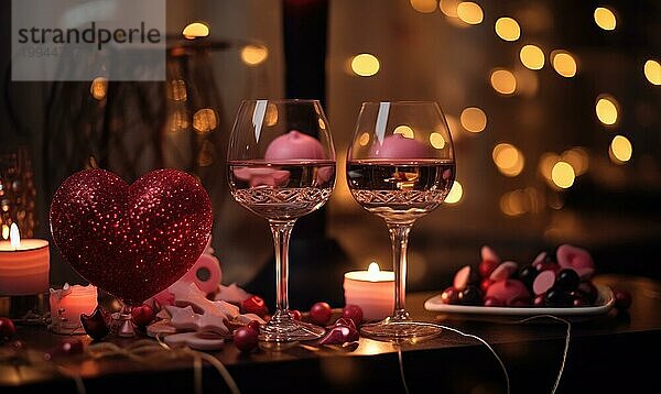 Prickelnder Rotwein in eleganten Gläsern neben einem glitzernden Herz und einer Kerze mit Bokeh Lichtern AI erzeugt  KI generiert