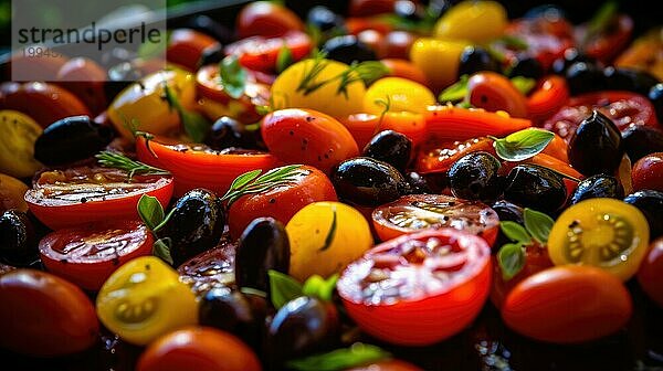 Salat mit Kirschtomaten  schwarzen Oliven und Basilikum. Selektiver Fokus AI generiert  KI generiert