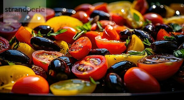 Salat mit Kirschtomaten  schwarzen Oliven und Basilikum. Selektiver Fokus AI generiert  KI generiert