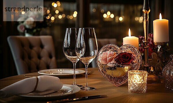 Gedeckter Tisch für einen romantischen Abend mit Rosen und herzförmigen Dekorationen AI generiert  KI generiert
