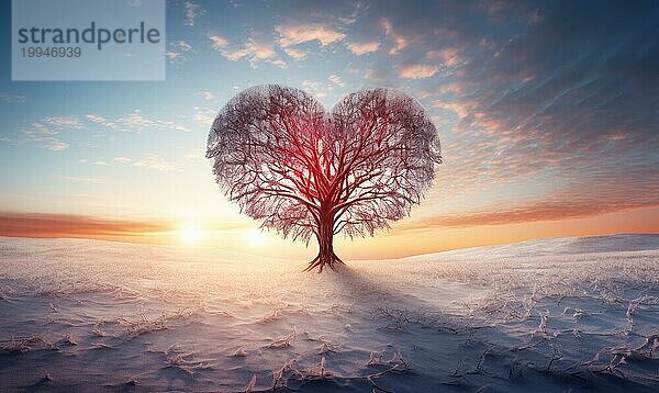 Ein blattloser Baum in Form eines Herzens vor einer verschneiten Landschaft und einem leuchtenden Sonnenaufgang  generiert von AI  KI generiert