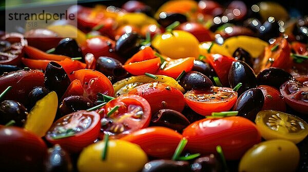 Salat mit Kirschtomaten  schwarzen Oliven und Basilikum. Selektiver Fokus AI generiert  KI generiert