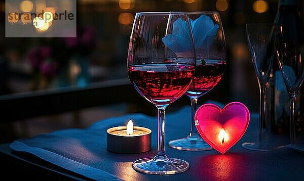 Abendromantik mit Weingläsern  Kerzenlicht und einer herzförmigen Dekoration AI erzeugt  KI generiert