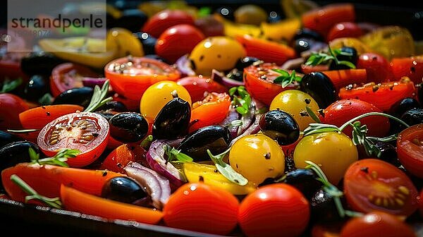 Salat mit Kirschtomaten  schwarzen Oliven und Basilikum. Selektiver Fokus AI generiert  KI generiert