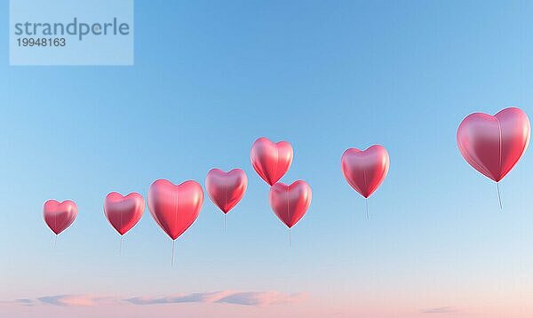 Rosa herzförmige Ballons schweben in einem ruhigen blauen Himmel AI generiert  KI generiert